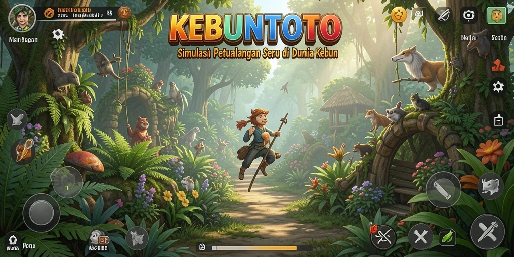Tampilan gameplay KEBUNTOTO dengan kebun yang indah dan tanaman berwarna-warni.