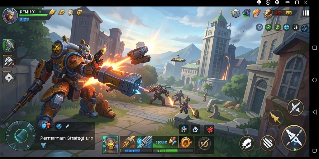 Screenshot gameplay REMI101 menunjukkan pertempuran strategi yang intens.