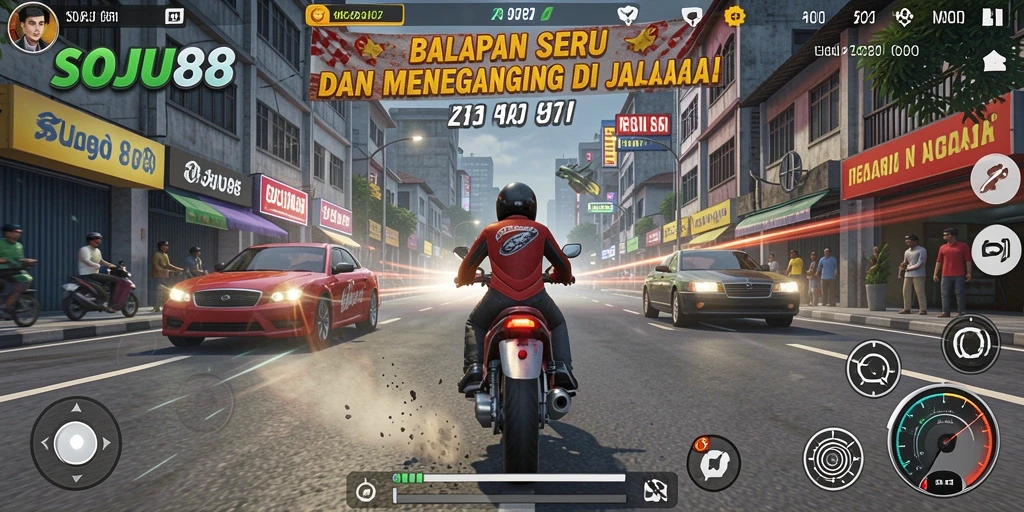 Screenshot gameplay SOJU88 menampilkan kecepatan tinggi di lintasan balap.